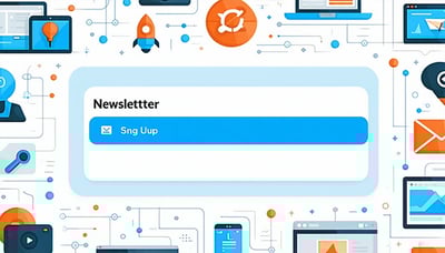 Newsletter signup illustration featuring digital marketing icons and web development graphics
